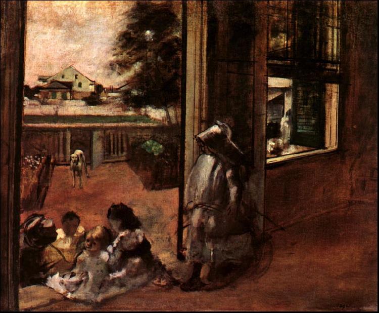Edgar Degas Children Sat Down in the House Door oil painting image